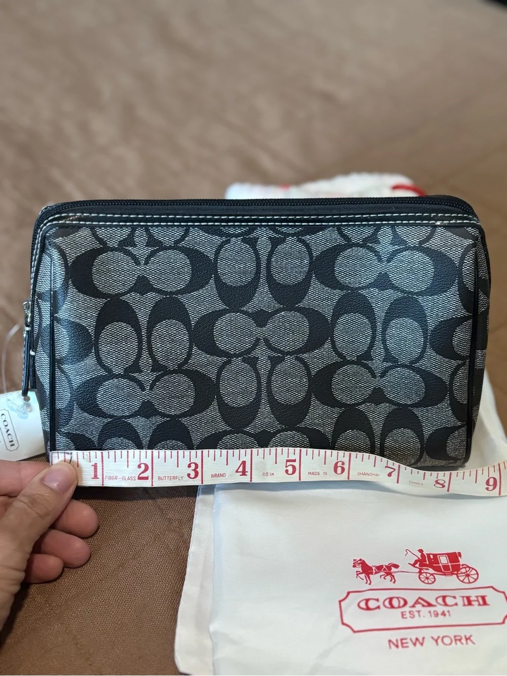 Coach Gray/Black Signature Cosmetic Pouch with Magenta Interior. New with Tags